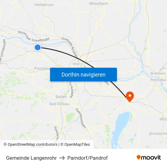 Gemeinde Langenrohr to Parndorf/Pandrof map