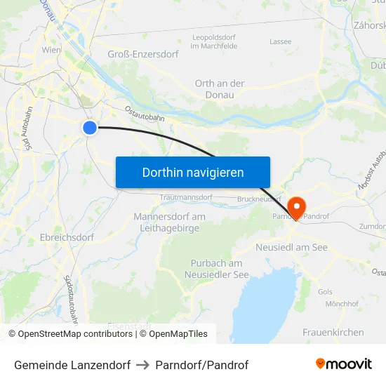 Gemeinde Lanzendorf to Parndorf/Pandrof map