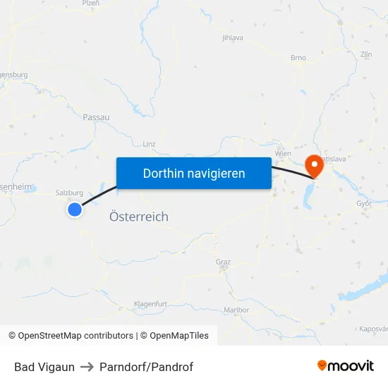 Bad Vigaun to Parndorf/Pandrof map