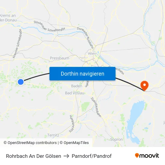 Rohrbach An Der Gölsen to Parndorf/Pandrof map