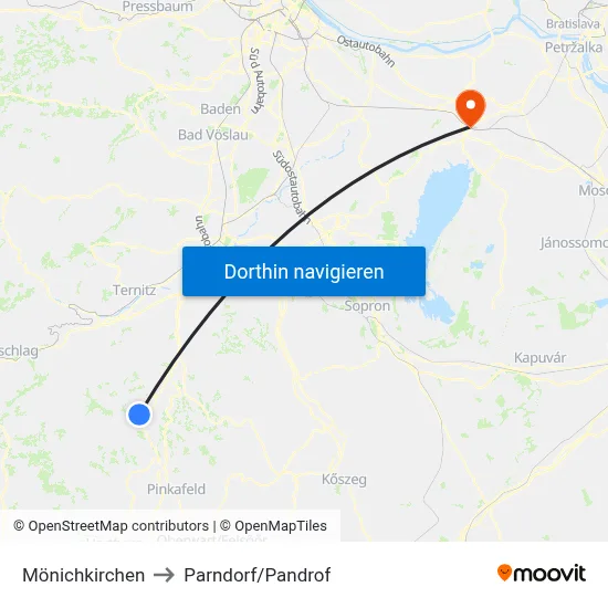Mönichkirchen to Parndorf/Pandrof map