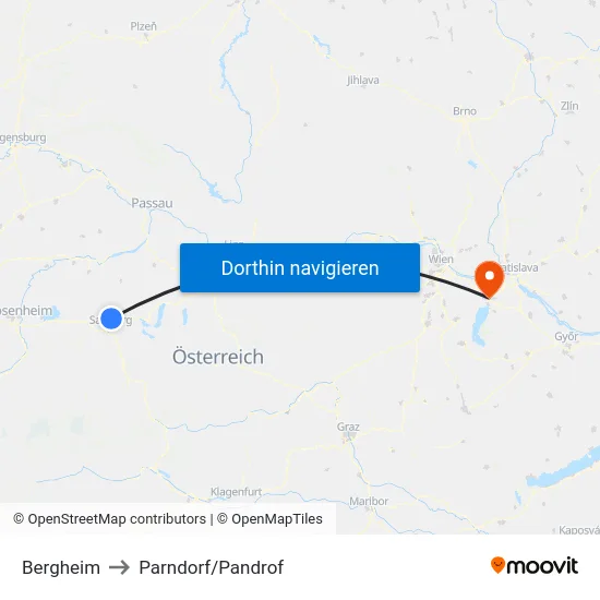 Bergheim to Parndorf/Pandrof map