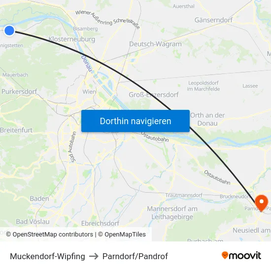 Muckendorf-Wipfing to Parndorf/Pandrof map