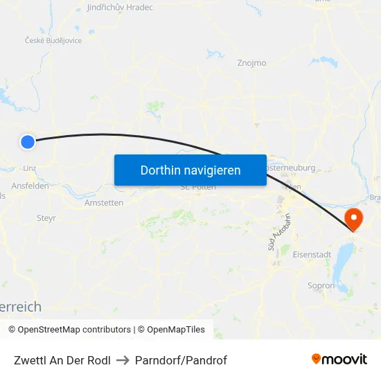Zwettl An Der Rodl to Parndorf/Pandrof map