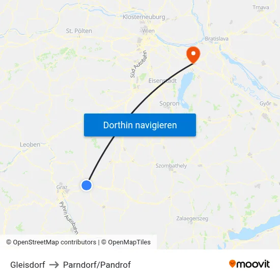 Gleisdorf to Parndorf/Pandrof map