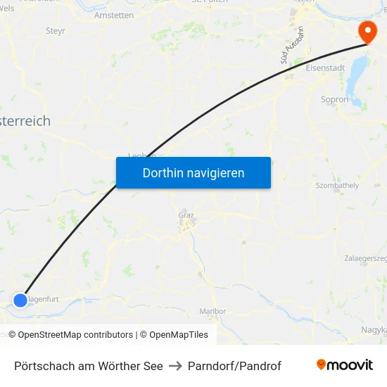 Pörtschach am Wörther See to Parndorf/Pandrof map