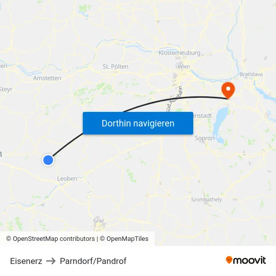 Eisenerz to Parndorf/Pandrof map
