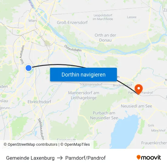 Gemeinde Laxenburg to Parndorf/Pandrof map