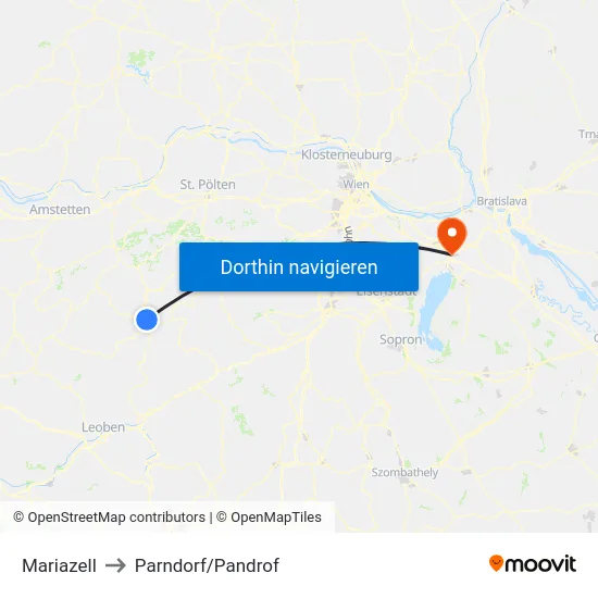 Mariazell to Parndorf/Pandrof map