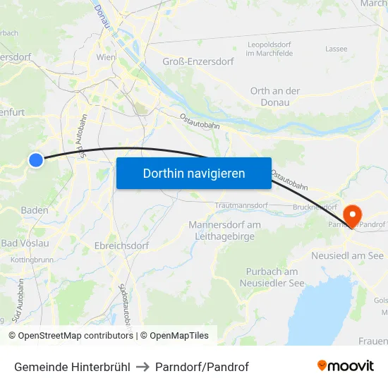 Gemeinde Hinterbrühl to Parndorf/Pandrof map