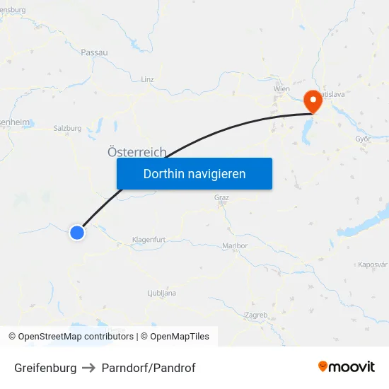 Greifenburg to Parndorf/Pandrof map