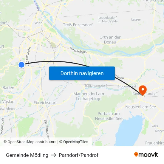 Gemeinde Mödling to Parndorf/Pandrof map