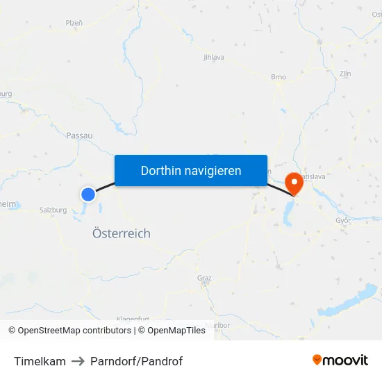 Timelkam to Parndorf/Pandrof map