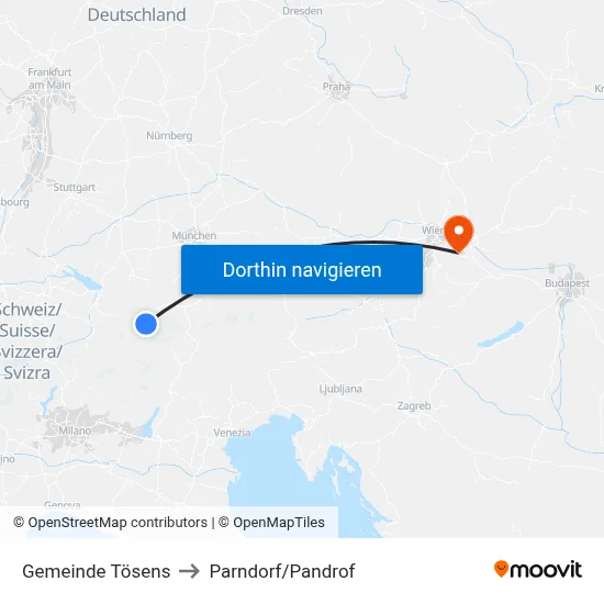 Gemeinde Tösens to Parndorf/Pandrof map