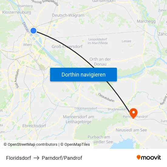 Floridsdorf to Parndorf/Pandrof map