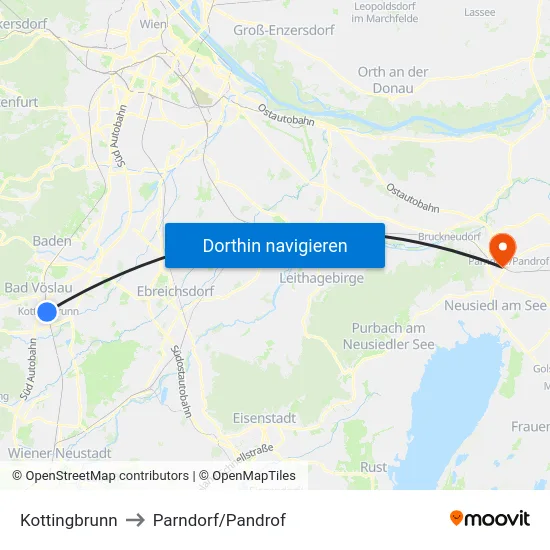 Kottingbrunn to Parndorf/Pandrof map