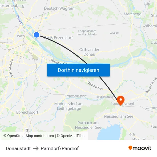 Donaustadt to Parndorf/Pandrof map