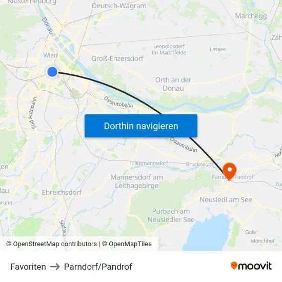 Favoriten to Parndorf/Pandrof map