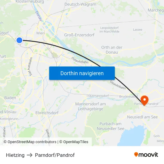 Hietzing to Parndorf/Pandrof map