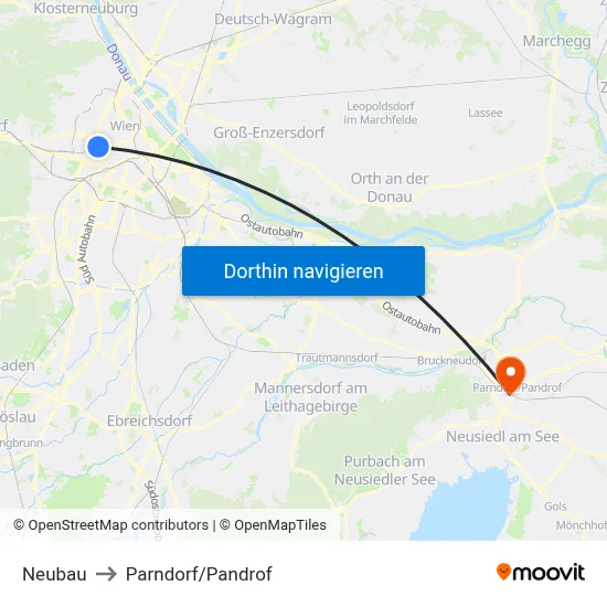 Neubau to Parndorf/Pandrof map