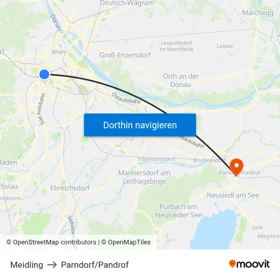 Meidling to Parndorf/Pandrof map