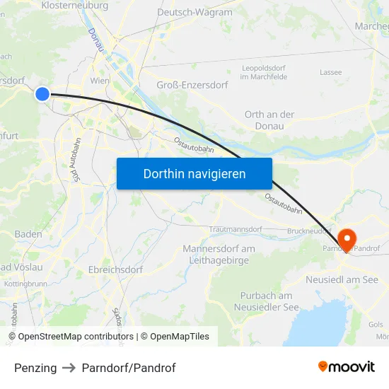 Penzing to Parndorf/Pandrof map