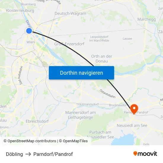 Döbling to Parndorf/Pandrof map
