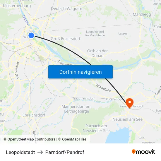 Leopoldstadt to Parndorf/Pandrof map
