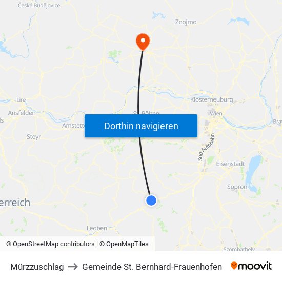 Mürzzuschlag to Gemeinde St. Bernhard-Frauenhofen map