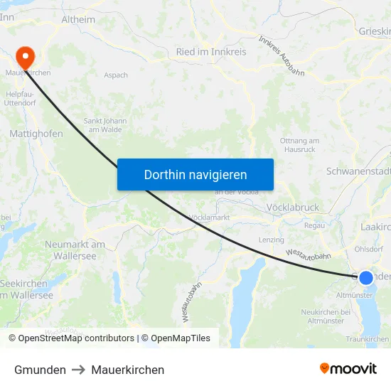 Gmunden to Mauerkirchen map
