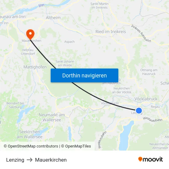 Lenzing to Mauerkirchen map