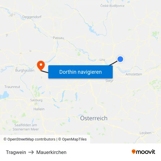 Tragwein to Mauerkirchen map
