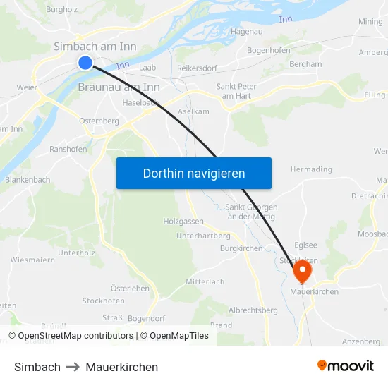 Simbach to Mauerkirchen map