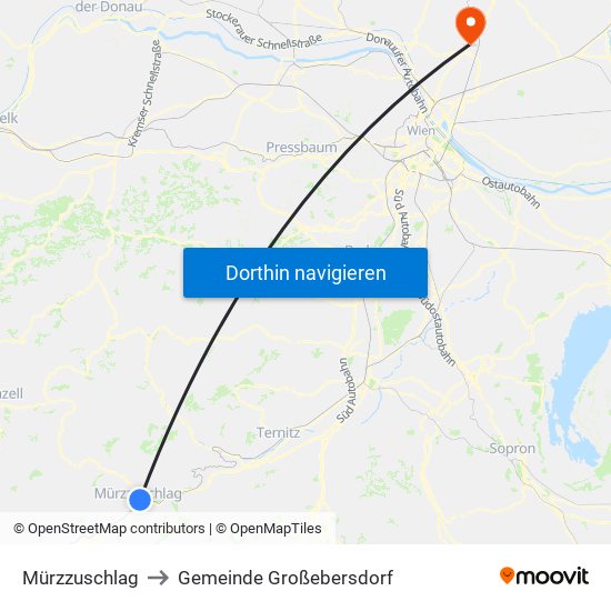 Mürzzuschlag to Gemeinde Großebersdorf map