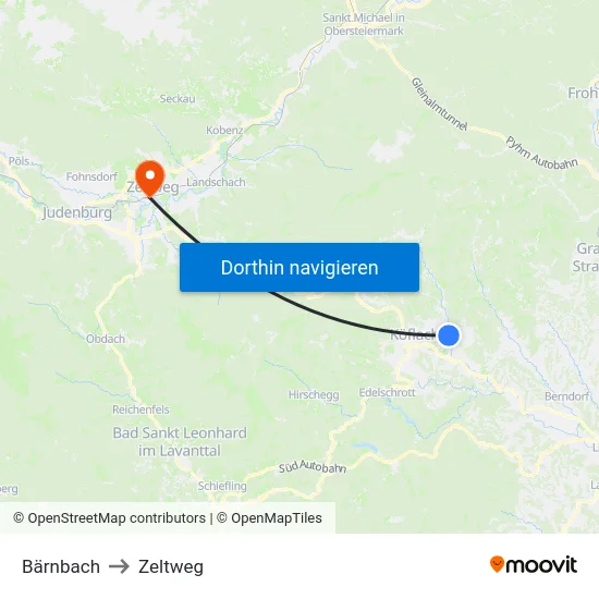 Bärnbach to Zeltweg map