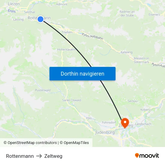 Rottenmann to Zeltweg map