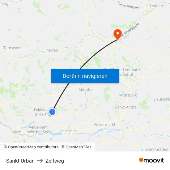Sankt Urban to Zeltweg map