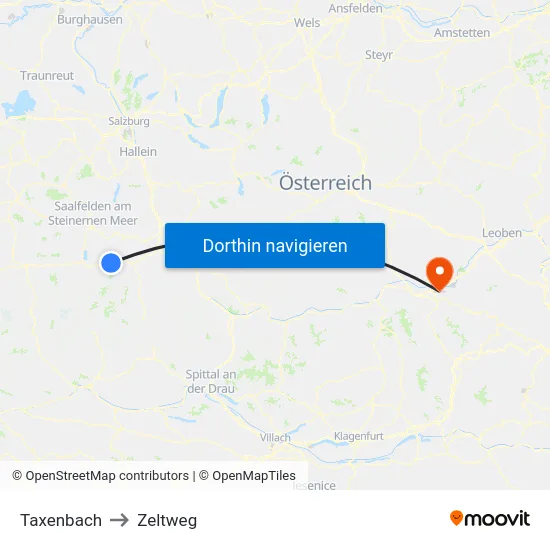 Taxenbach to Zeltweg map