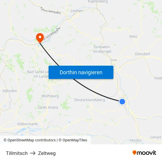 Tillmitsch to Zeltweg map