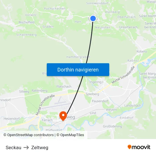Seckau to Zeltweg map