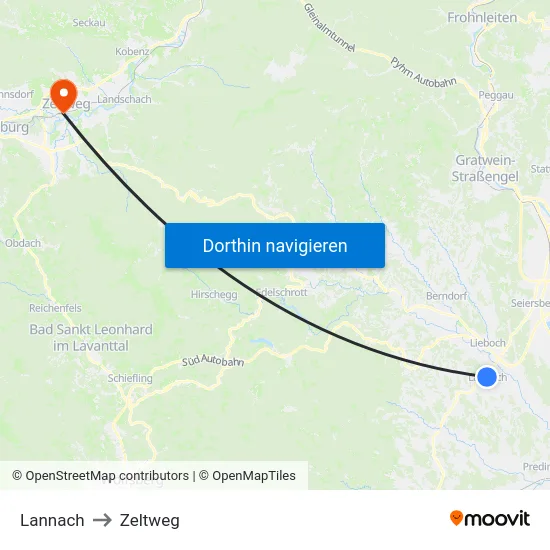 Lannach to Zeltweg map
