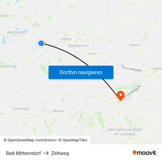 Bad Mitterndorf to Zeltweg map