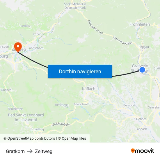 Gratkorn to Zeltweg map