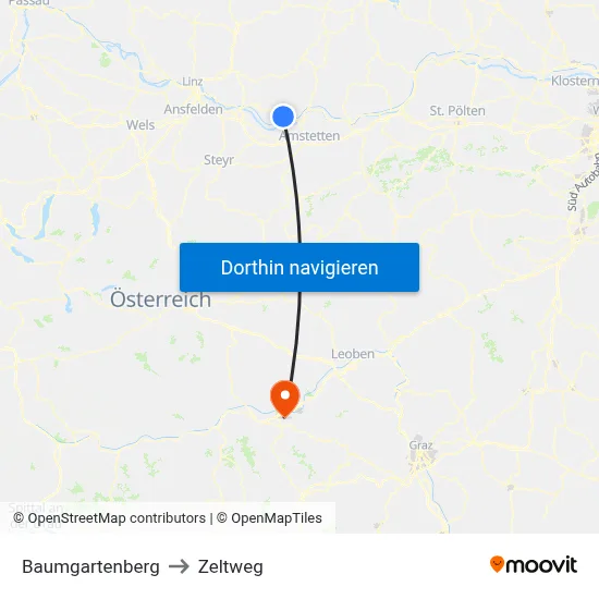 Baumgartenberg to Zeltweg map