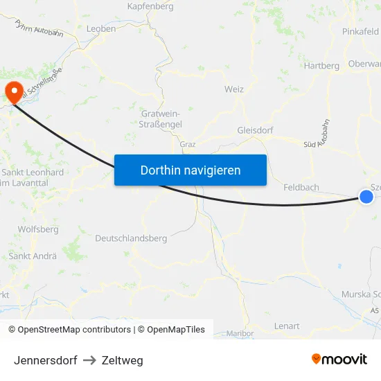 Jennersdorf to Zeltweg map