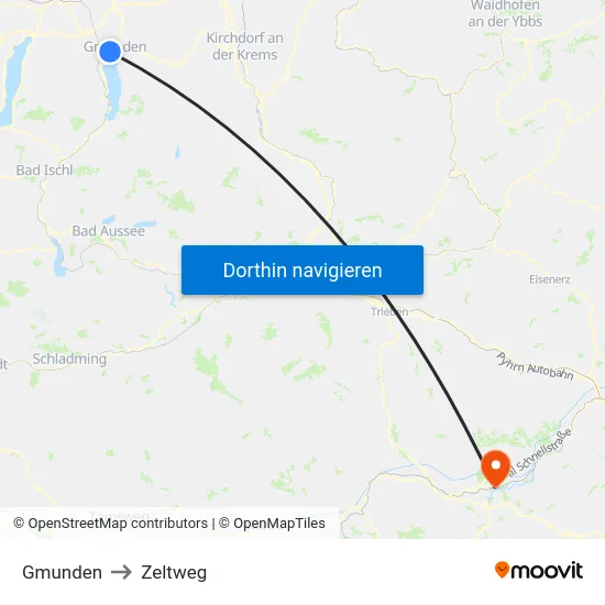 Gmunden to Zeltweg map