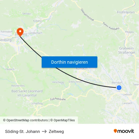 Söding-St. Johann to Zeltweg map