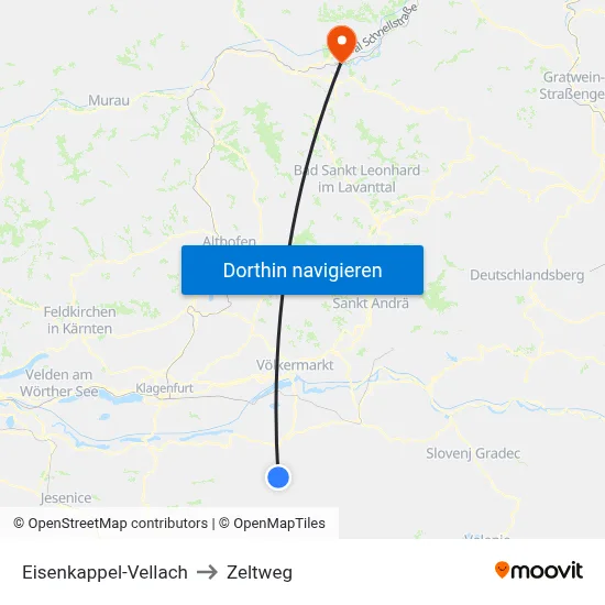 Eisenkappel-Vellach to Zeltweg map