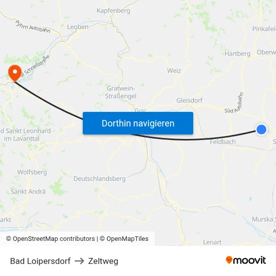 Bad Loipersdorf to Zeltweg map