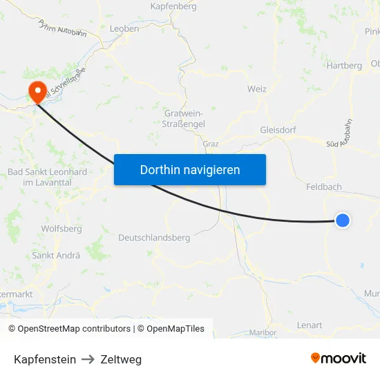 Kapfenstein to Zeltweg map